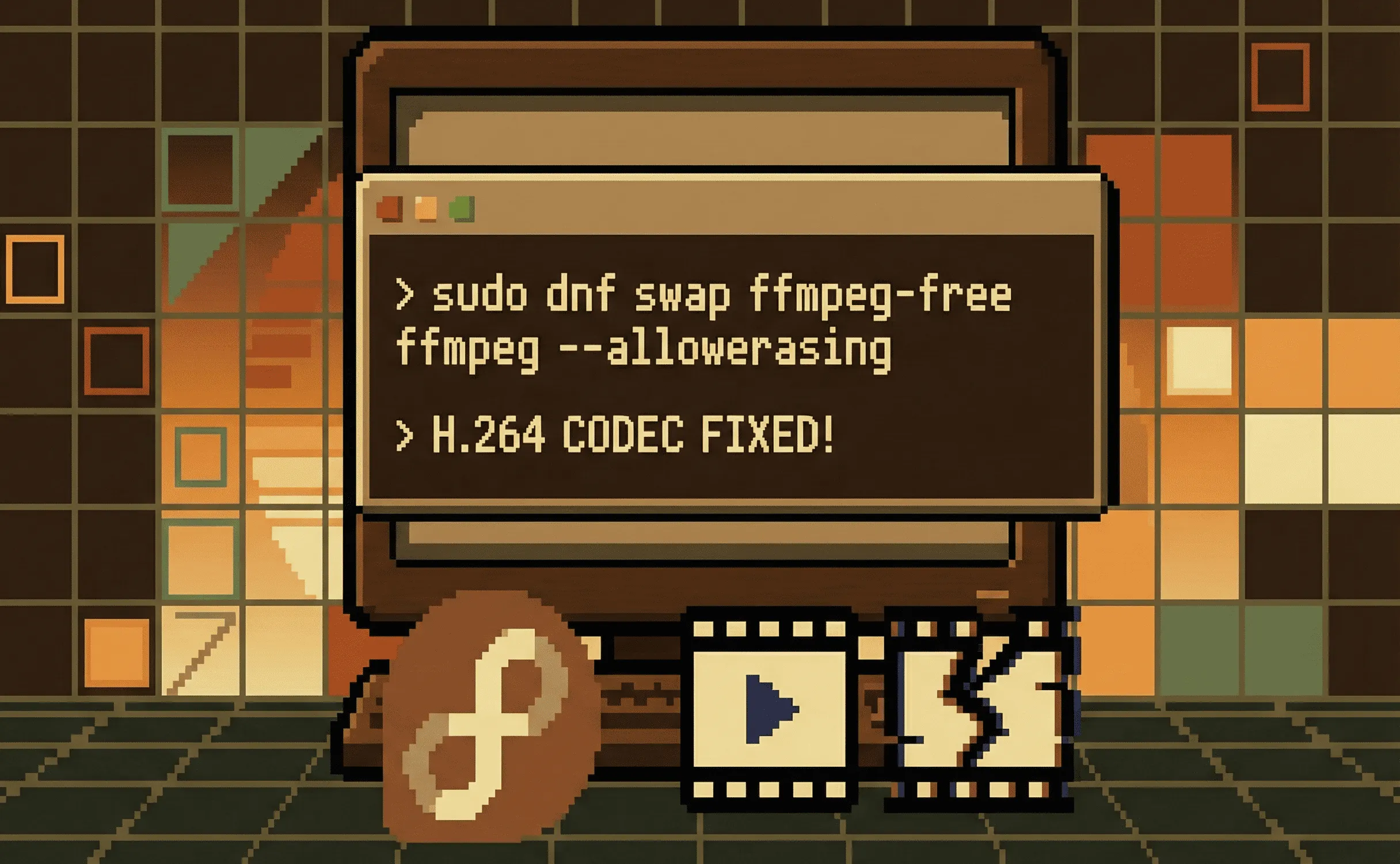 Retro style pixel art of a Linux terminal fixing codecs